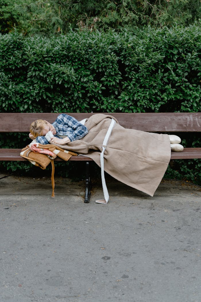 Home A woman sleeping wrapped in a blanket on a park bench, illustrating homelessness and solitude.
